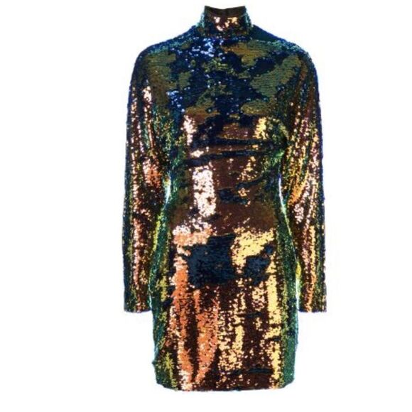 RTA Barbie Holographic Metallic Bronze Tangerine Yellow Mini New Years Dress NEW - Picture 6 of 16